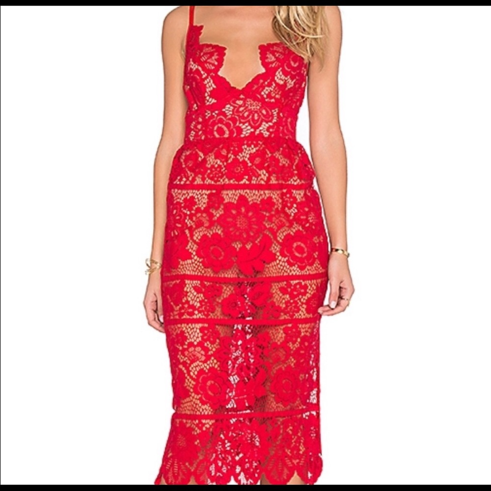 For Love and Lemons Red Lace Midi Gianna Dress XS